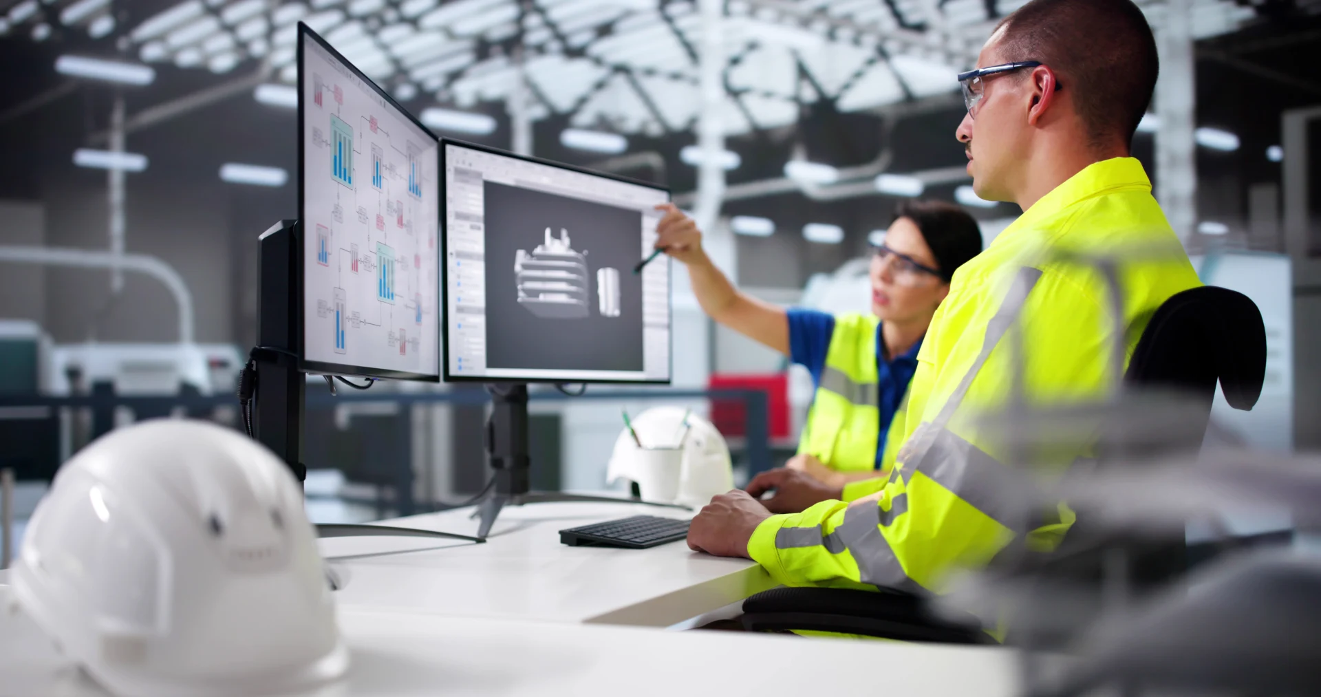 Engineer Doing 3D CAD Model Design On Computer At Factory