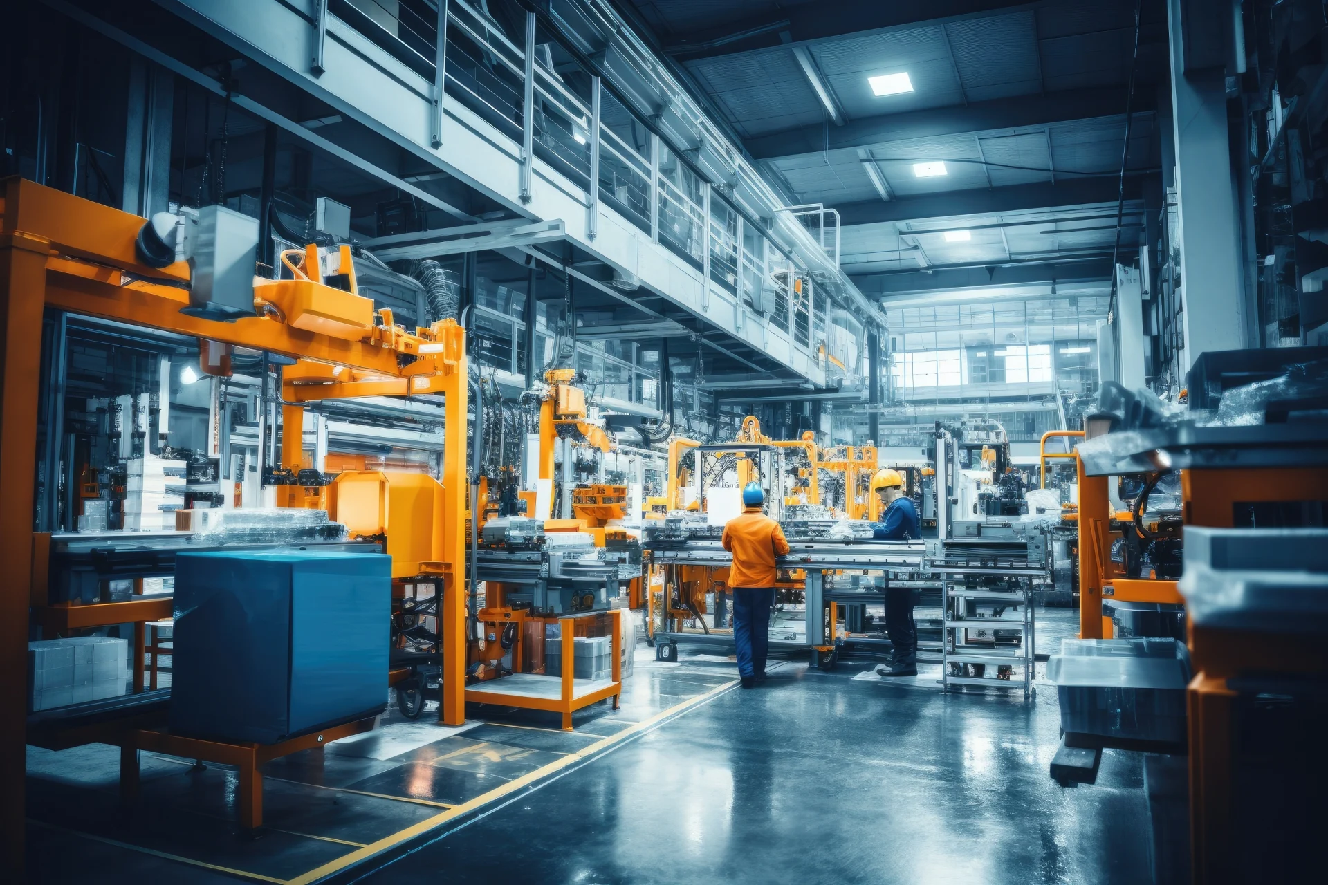 High-tech industrial factory, modern machinery, robotic automation, mechanical assembly, automotive manufacturing equipment in futuristic setting.