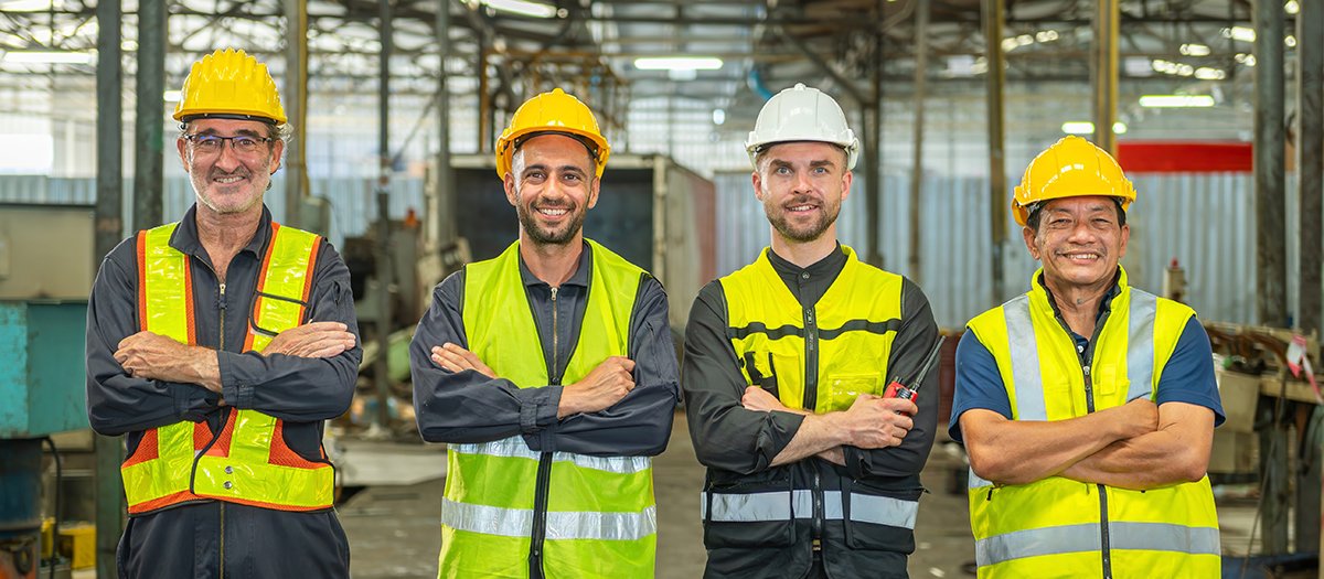 A group of four factory workers wearing hard hats and safety vests are posing for a photo in the factory.