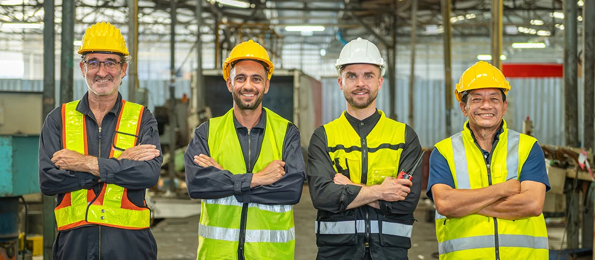 A group of four factory workers wearing hard hats and safety vests are posing for a photo in the factory.