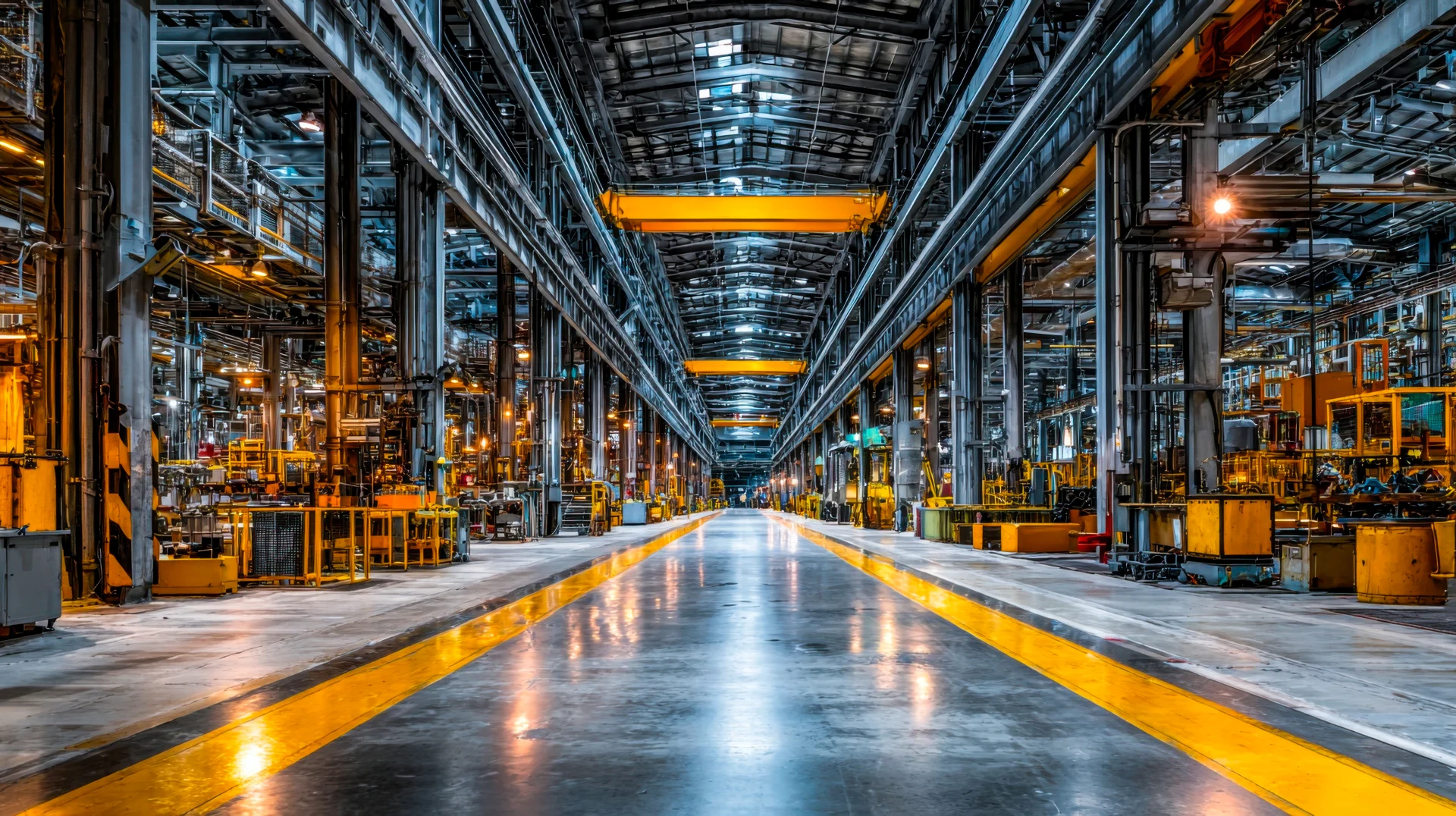 A vast industrial warehouse filled with large machinery, tools, and equipment. Overhead cranes are visible, and the well-lit space emphasizes the organized layout of the manufacturing area.