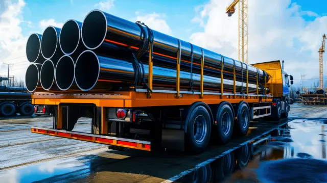 A heavy-duty truck loaded with shiny steel pipes stands ready for transport at a bustling industrial site, reflecting the clear blue sky above.