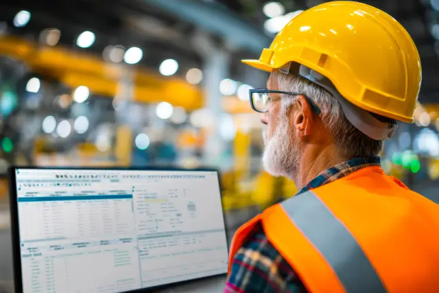 A seasoned professional in protective attire reviews vibrant data visualizations on a computer display amid a busy factory setting, emphasizing precision and innovation i