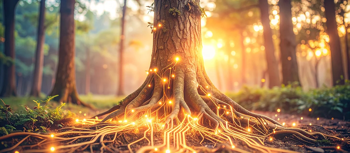 Ancient tree with circuit board roots absorbing data streams from soil, glowing sap circulating binary code, forest at twilight.