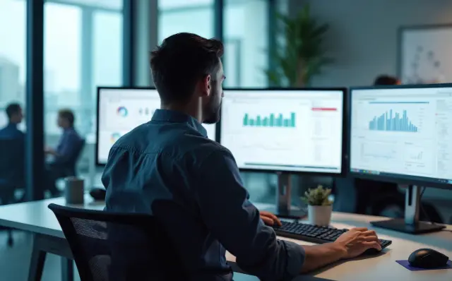 Data analyst works at modern office digital workspace analyzing charts on multiple computer screens. Focused view shows productivity, insights and business intelligence in tech environment.