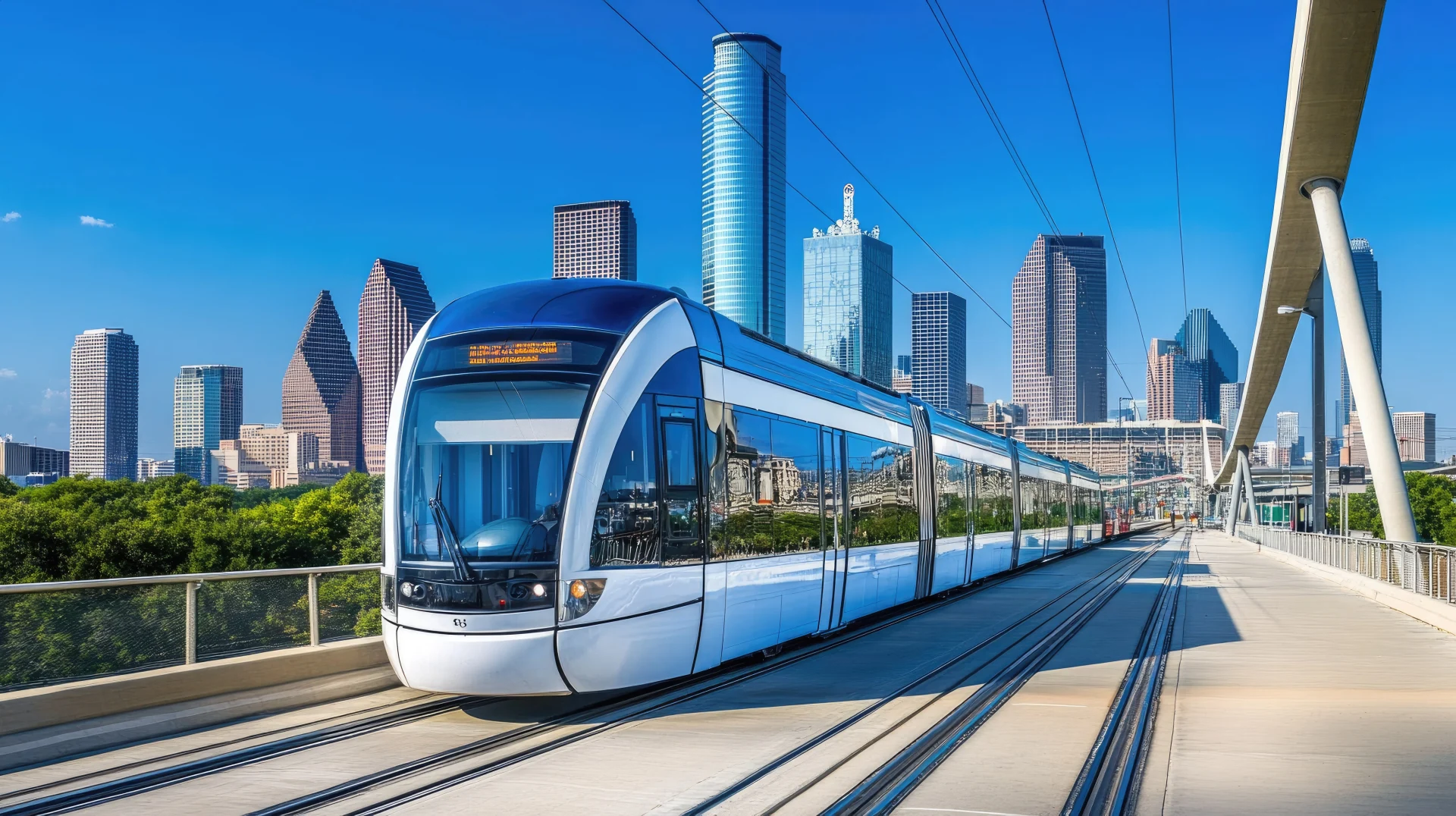 Dallas metro tram on an elevated track, with the downtown skylineaes skyscrapers rising behind it, under a cloudless blue sky, capturing the cityaes efficient transport system.