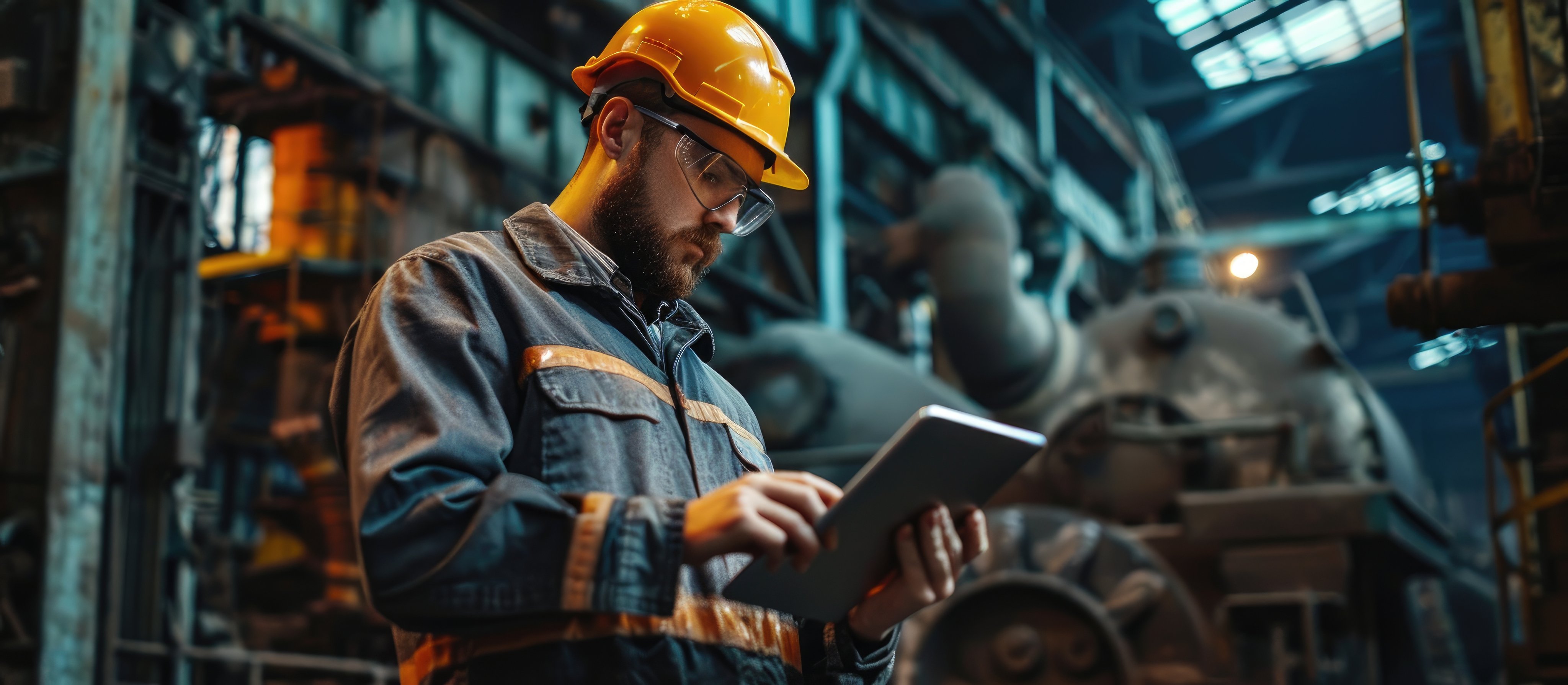 Engineer in Glasses using Tablet PC in Foundry Industrial Environment. Copy space image. Place for adding text