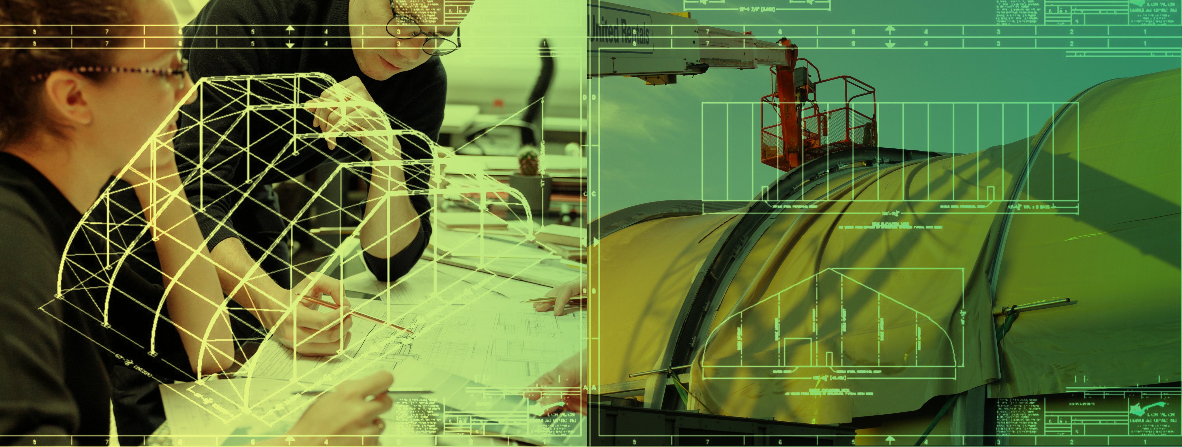 Two engineers marking up drawings at a table, and a fabric-covered frame structure with an aerial lift above it, overlaid with frame line drawings