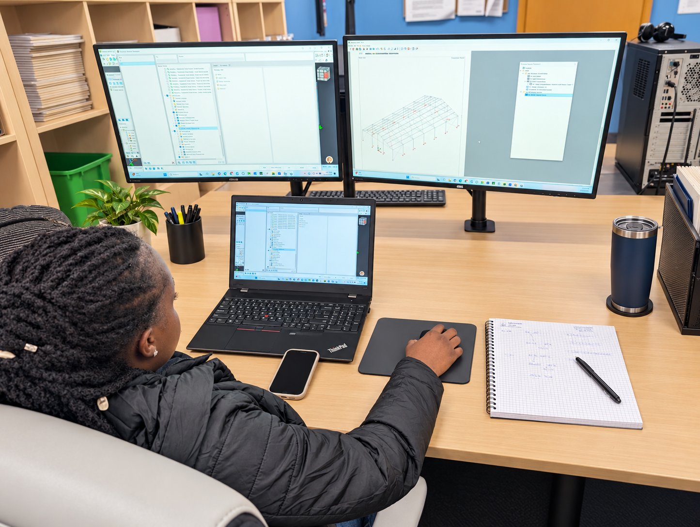 Engineer working on a structural frame model across two monitors and a laptop