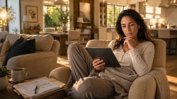 Woman looking at her options between a solar PPA vs solar lease in her living room