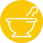 A simple circular graphic art icon depicting a mortar and pestle