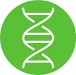 A simple circular graphic art icon depicting the DNA double helix