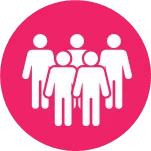 A simple circular graphic art icon depicting five people in rows of two and three, front and back