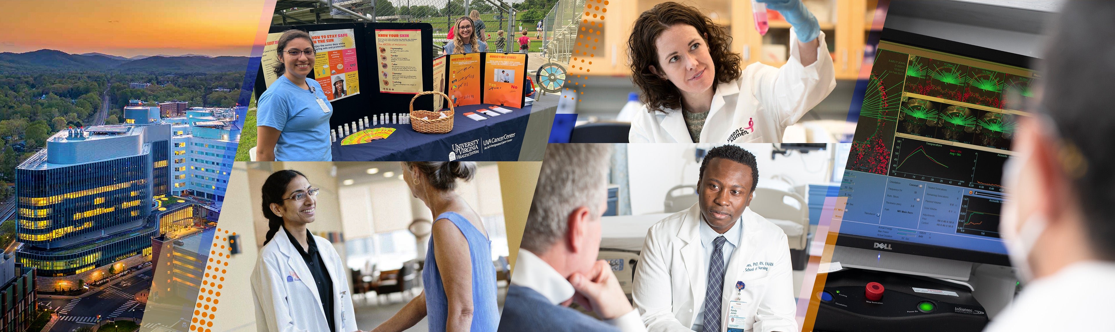 A collage of UVA Medical Center and School of Medicine at sunset, a Cancer Center Community Outreach event, a researcher in the lab, two providers with patients, and a physician administering therapy via a computer display.