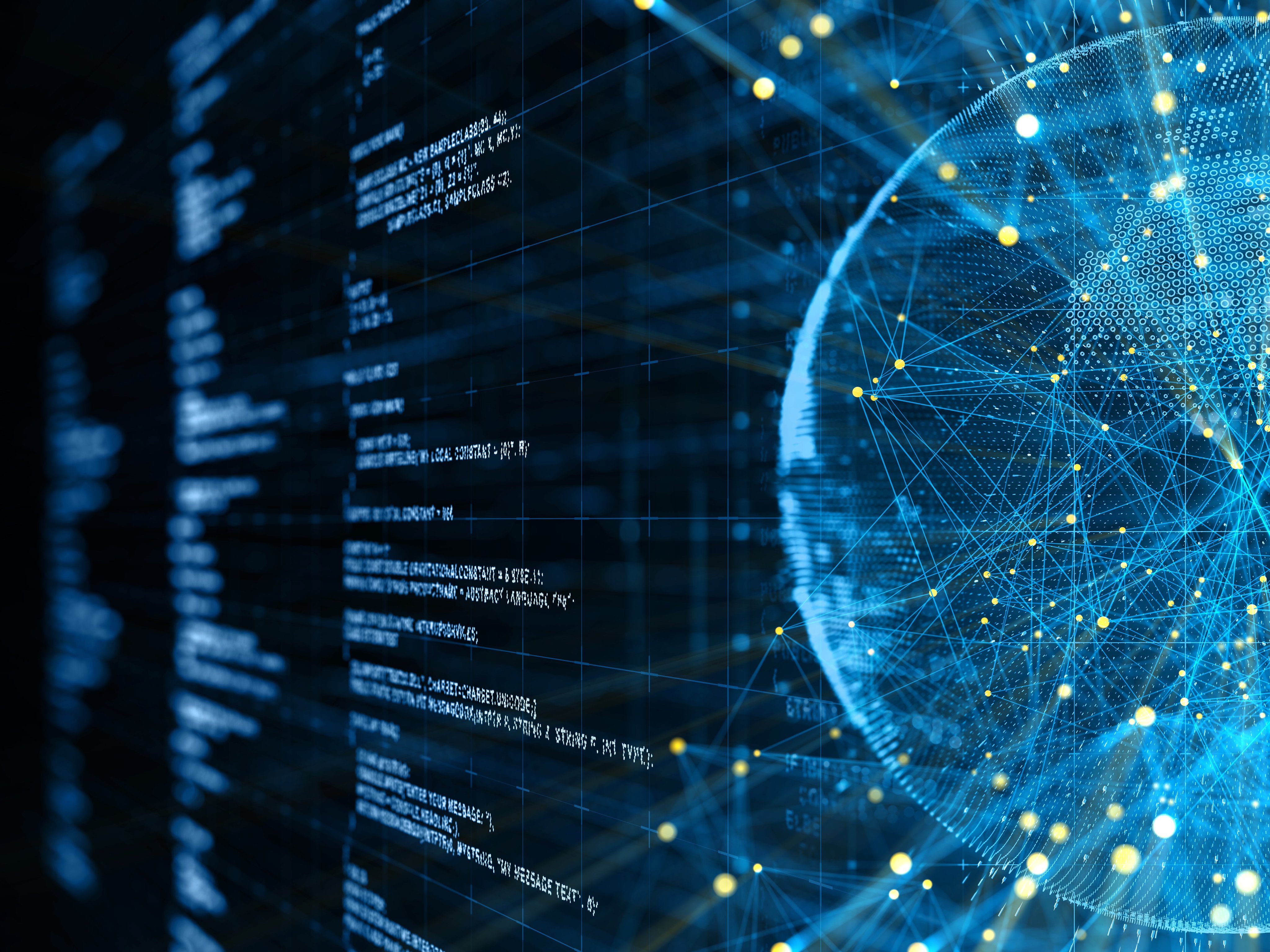 Conceptual illustration with illuminated lines of data text, and a globe-like sphere overlaying a graph model with connected nodes